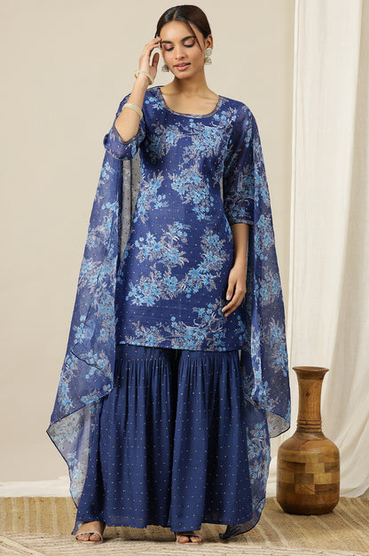 Blue Floral Printed Zari Embroidered Short Kurti, Tiered Sharara and Dupatta Set