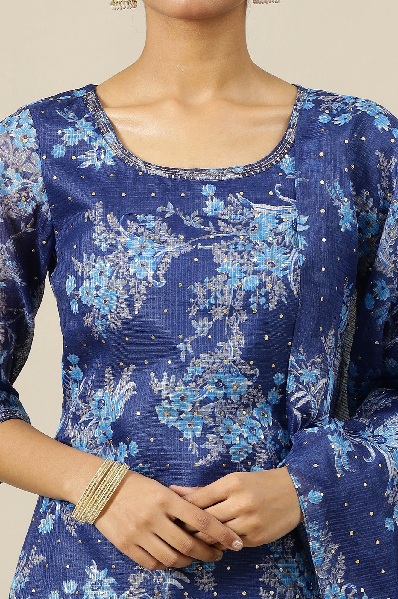 Blue Floral Printed Zari Embroidered Short Kurti, Tiered Sharara and Dupatta Set