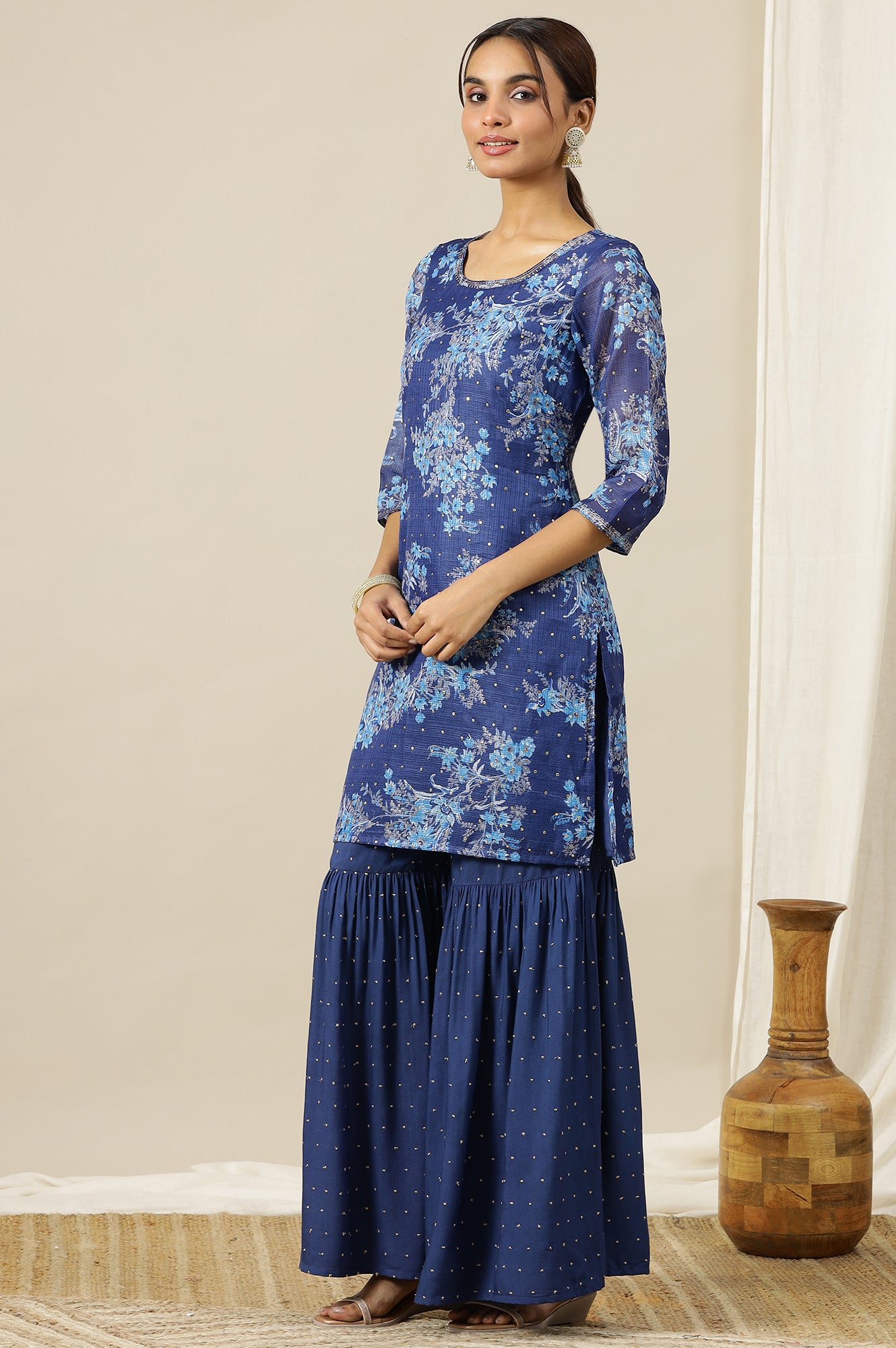 Blue Floral Printed Zari Embroidered Short Kurti, Tiered Sharara and Dupatta Set