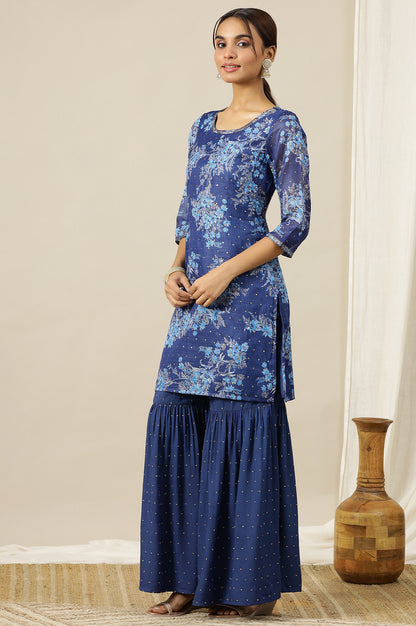 Blue Floral Printed Zari Embroidered Short Kurti, Tiered Sharara and Dupatta Set