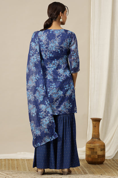 Blue Floral Printed Zari Embroidered Short Kurti, Tiered Sharara and Dupatta Set