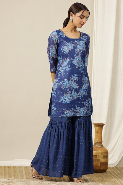 Blue Floral Printed Zari Embroidered Short Kurti, Tiered Sharara and Dupatta Set