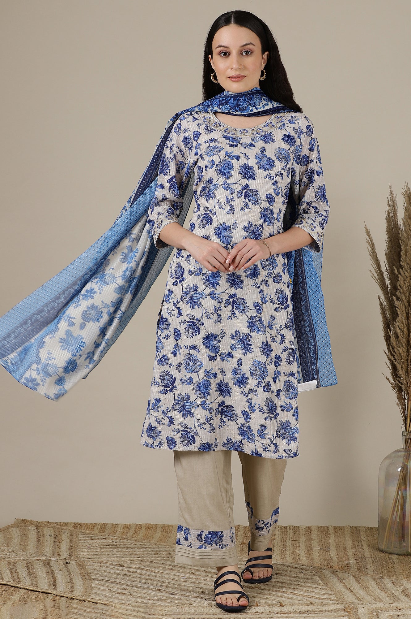 Beige Floral Printed Sequined Kota Straight Kurta, Palazzo and Dupatta Set