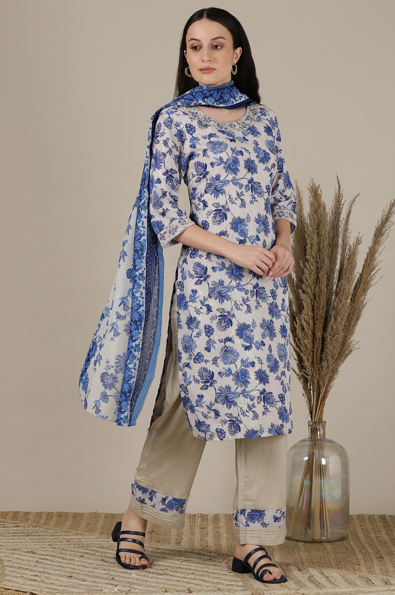 Beige Floral Printed Sequined Kota Straight Kurta, Palazzo and Dupatta Set