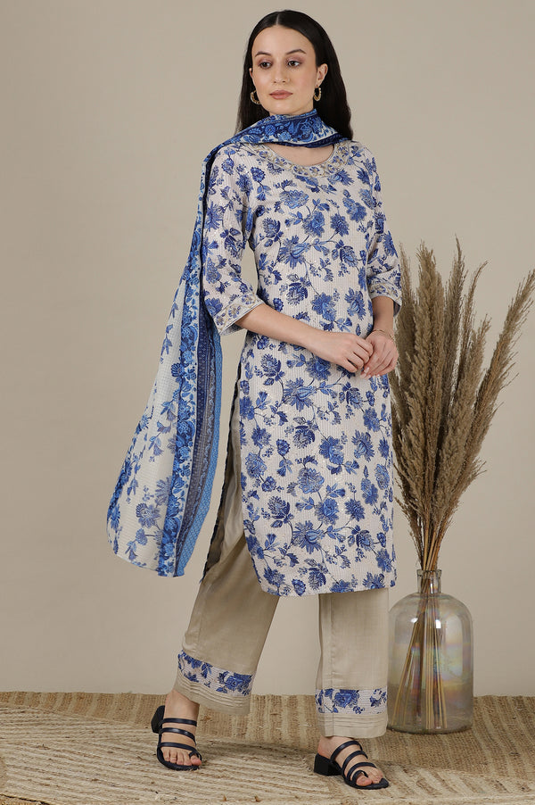 Beige Floral Printed Sequined Kota Straight Kurta, Palazzo and Dupatta Set