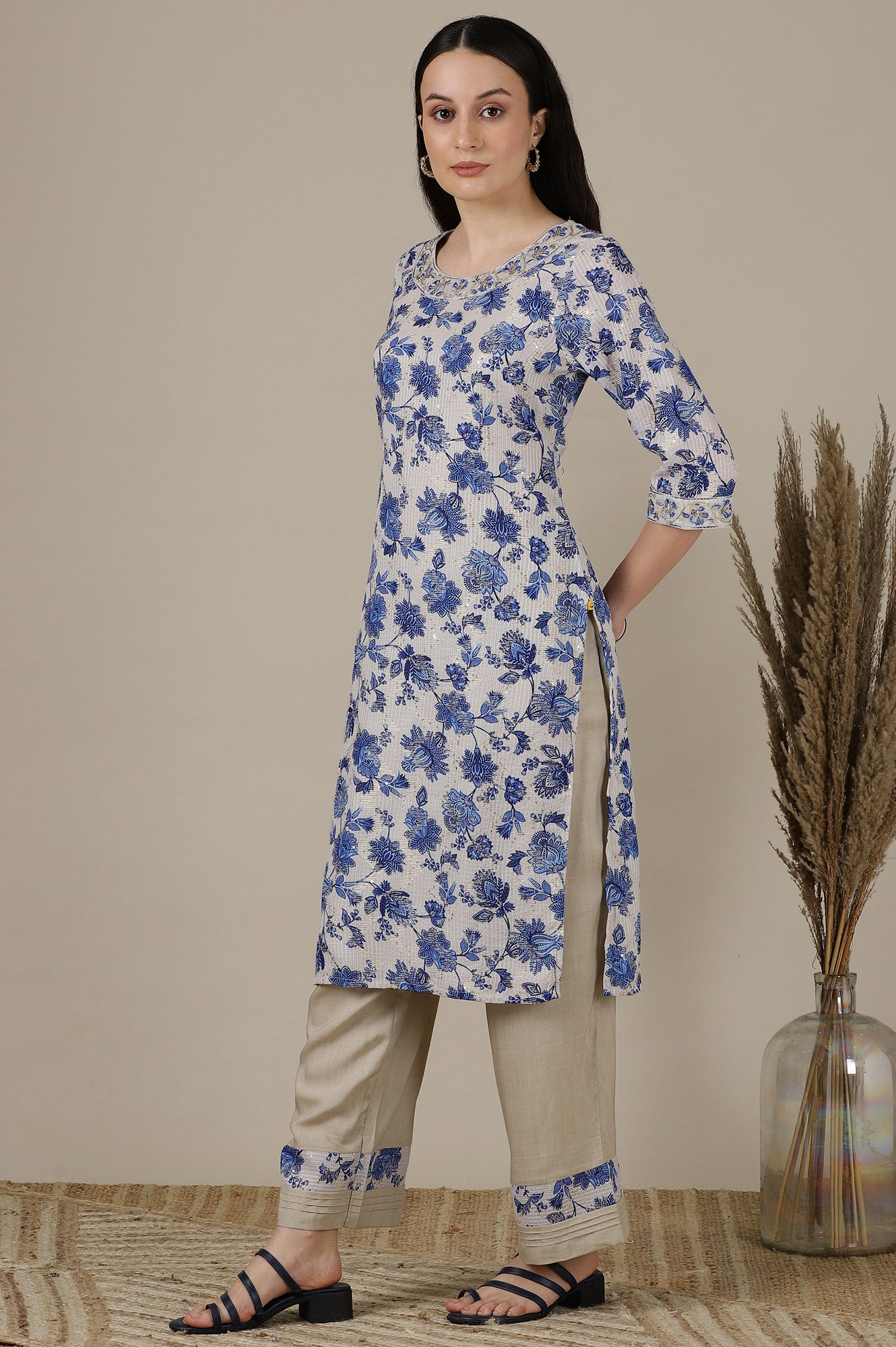 Beige Floral Printed Sequined Kota Straight Kurta, Palazzo and Dupatta Set