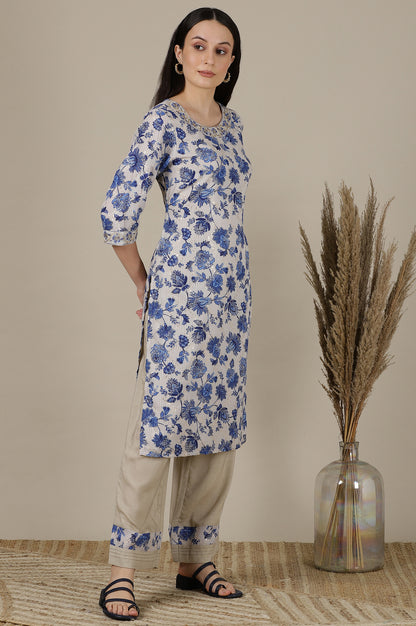 Beige Floral Printed Sequined Kota Straight Kurta, Palazzo and Dupatta Set