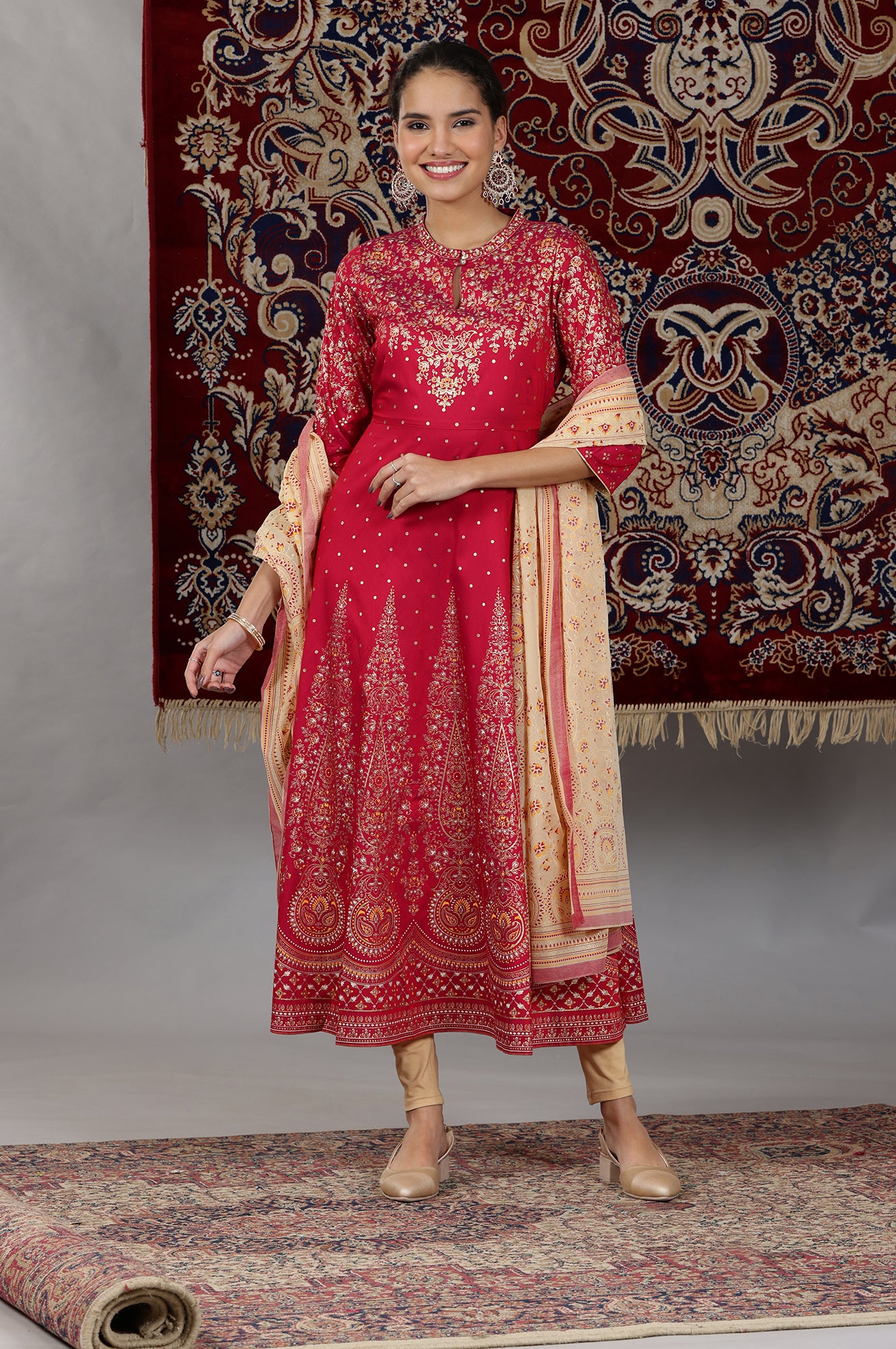 Pink Printed Flared Festive Kurta with Embellished Neck, Tights and Dupatta Set