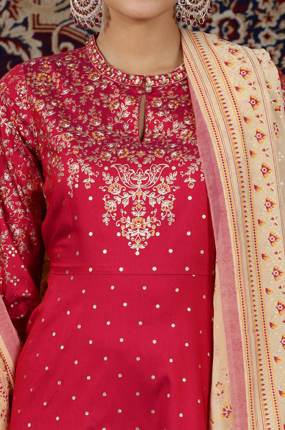 Pink Printed Flared Festive Kurta with Embellished Neck, Tights and Dupatta Set