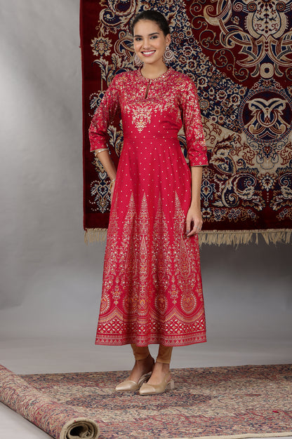 Pink Printed Flared Festive Kurta with Embellished Neck, Tights and Dupatta Set