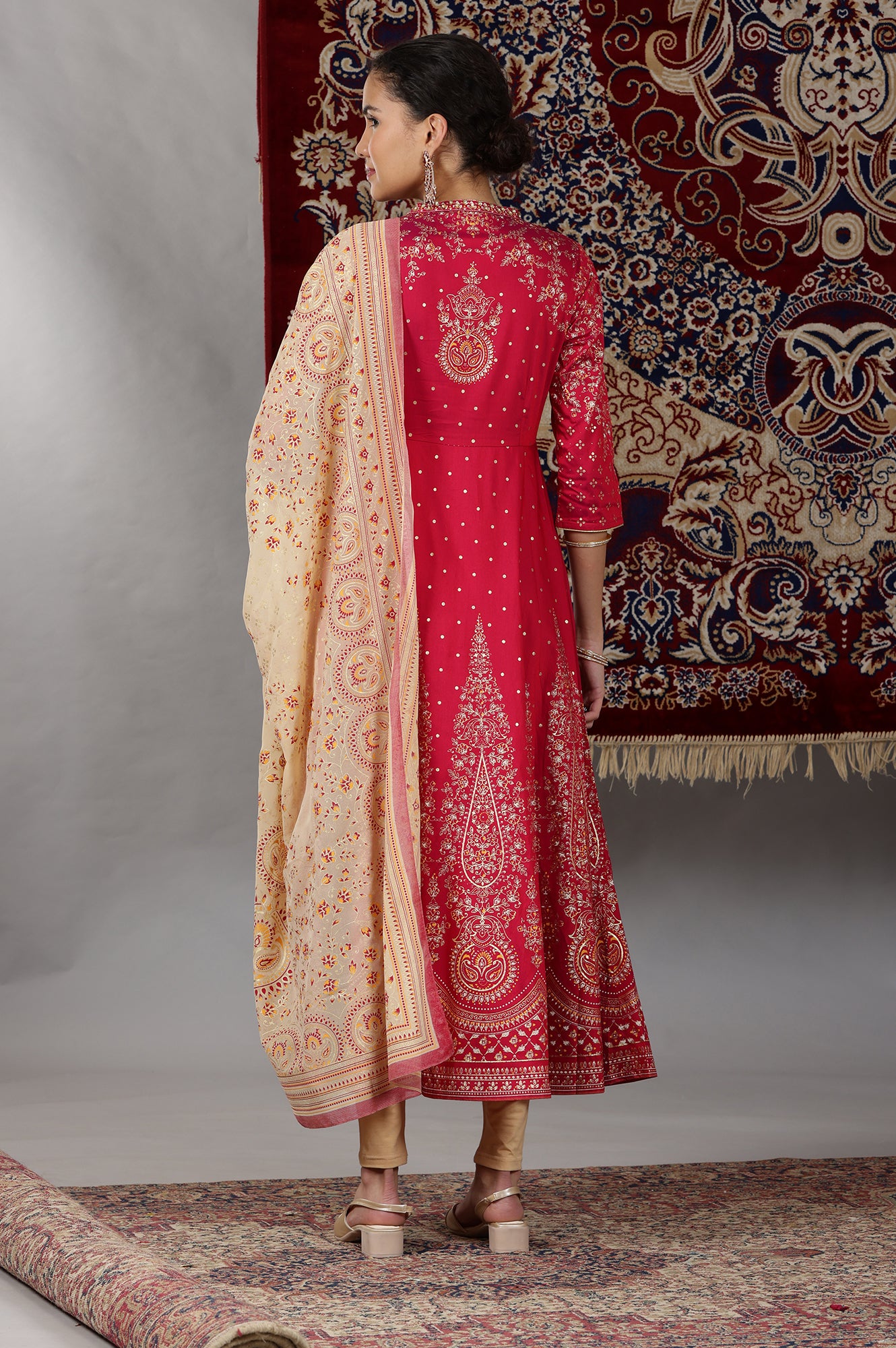 Pink Printed Flared Festive Kurta with Embellished Neck, Tights and Dupatta Set