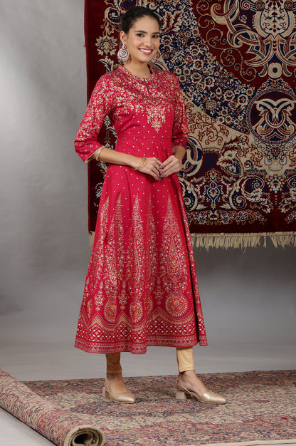 Pink Printed Flared Festive Kurta with Embellished Neck, Tights and Dupatta Set