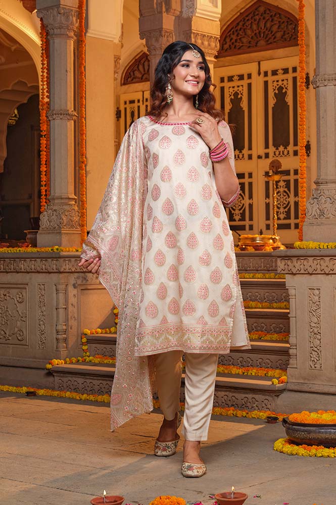 Beige Abstract Printed Embroidered Kurta, Trousers and Dupatta Set