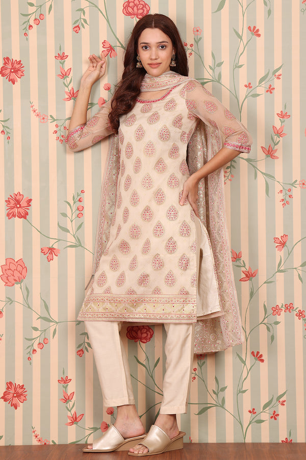 Beige Abstract Printed Embroidered Kurta, Trousers and Dupatta Set