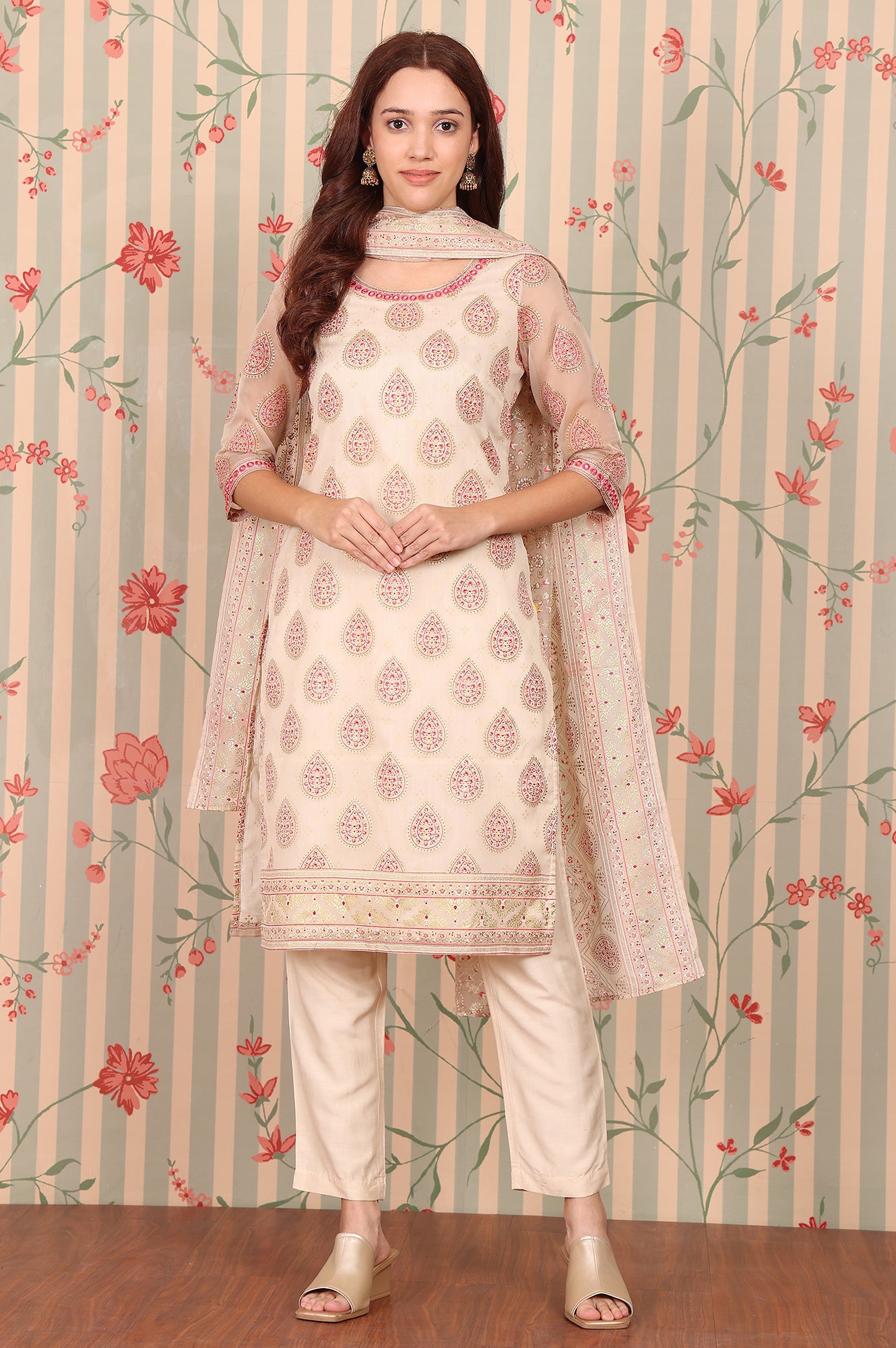 Beige-Abstract-Printed-Embroidered-Kurta,-Trousers-and-Dupatta-Set