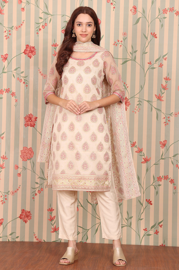 Beige Abstract Printed Embroidered Kurta, Trousers and Dupatta Set