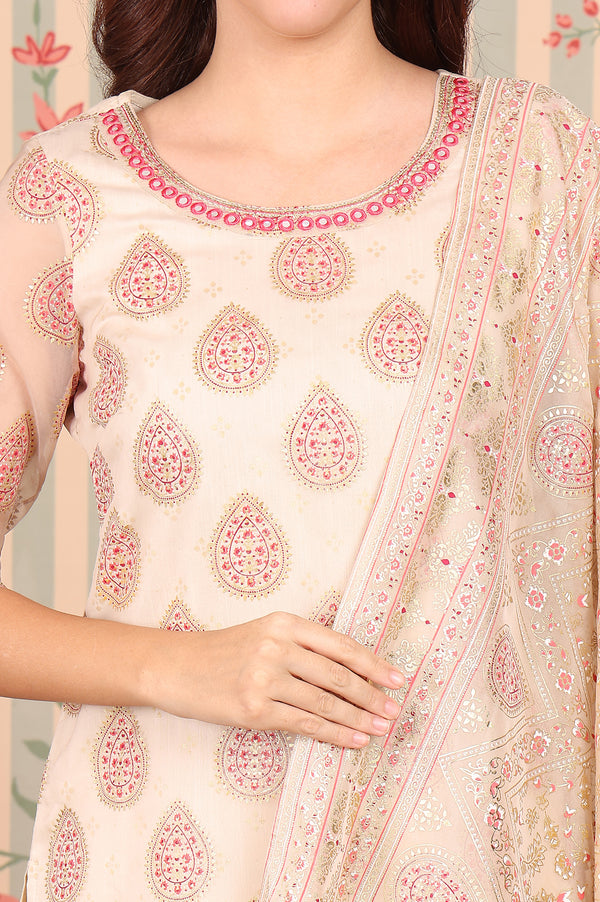 Beige Abstract Printed Embroidered Kurta, Trousers and Dupatta Set