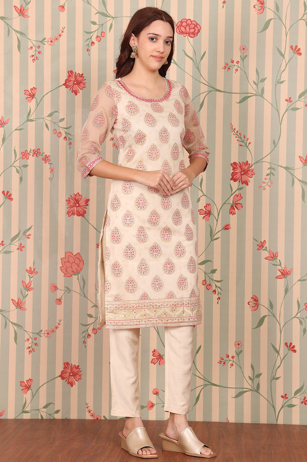Beige Abstract Printed Embroidered Kurta, Trousers and Dupatta Set