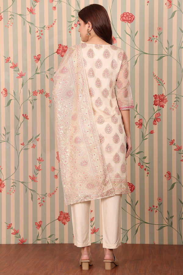 Beige Abstract Printed Embroidered Kurta, Trousers and Dupatta Set