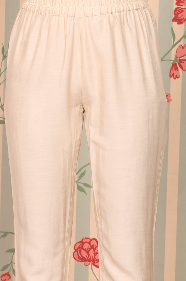 Beige Abstract Printed Embroidered Kurta, Trousers and Dupatta Set