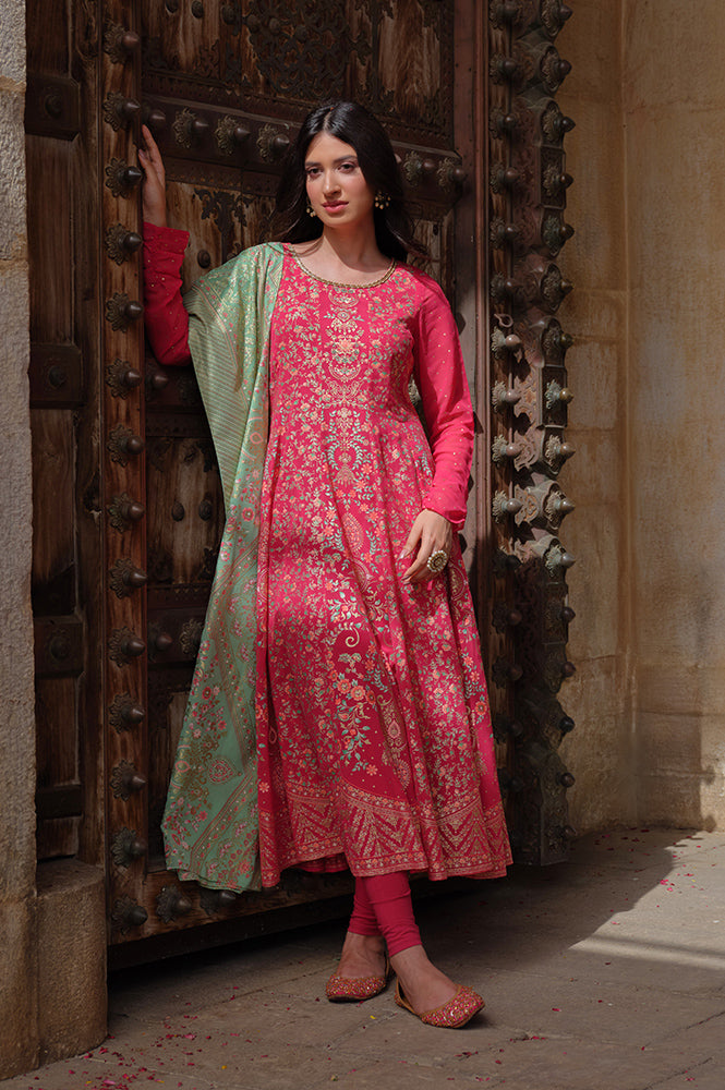 Pink Foil Floral Printed Sequined Kalidar Kurta, Tights and Dupatta Set - S