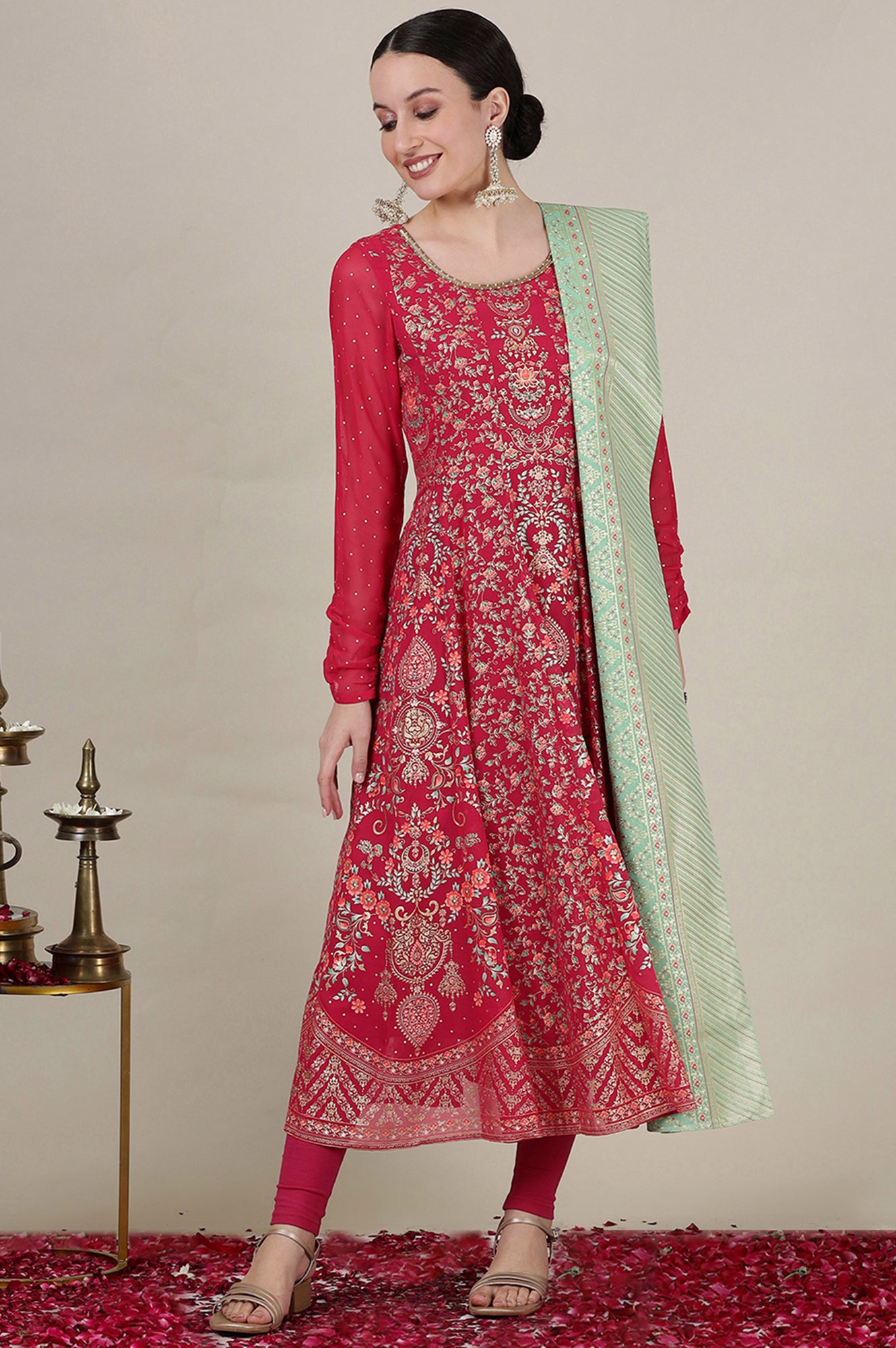 Pink Foil Floral Printed Sequined Kalidar Kurta, Tights and Dupatta Set