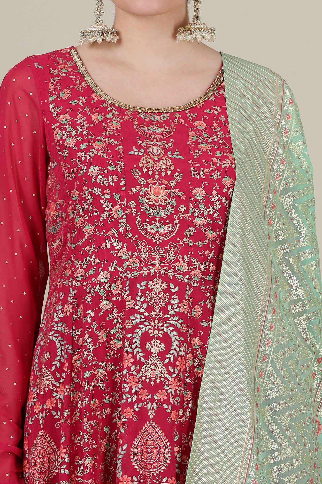 Pink Foil Floral Printed Sequined Kalidar Kurta, Tights and Dupatta Set