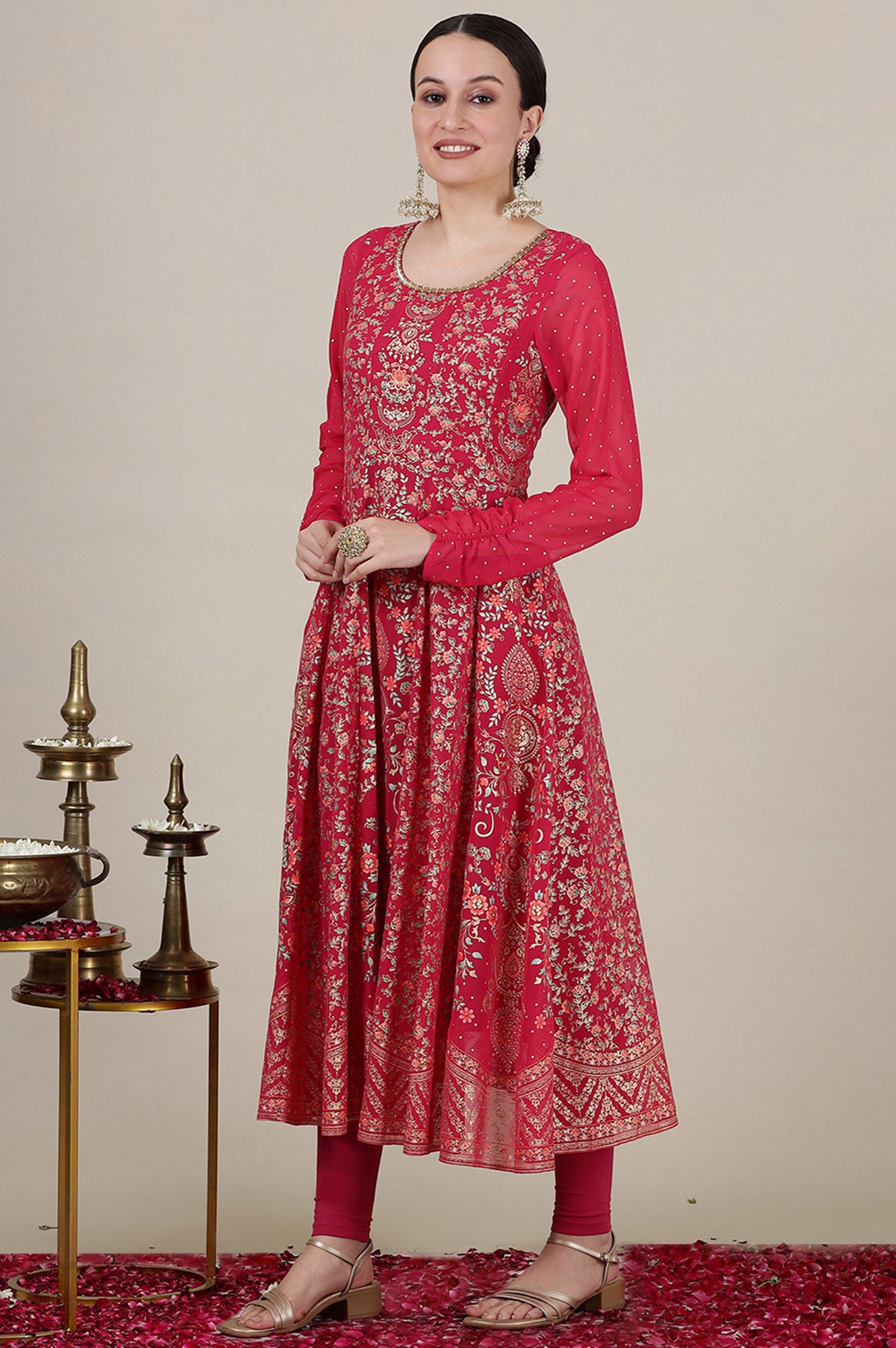 Pink Foil Floral Printed Sequined Kalidar Kurta, Tights and Dupatta Set