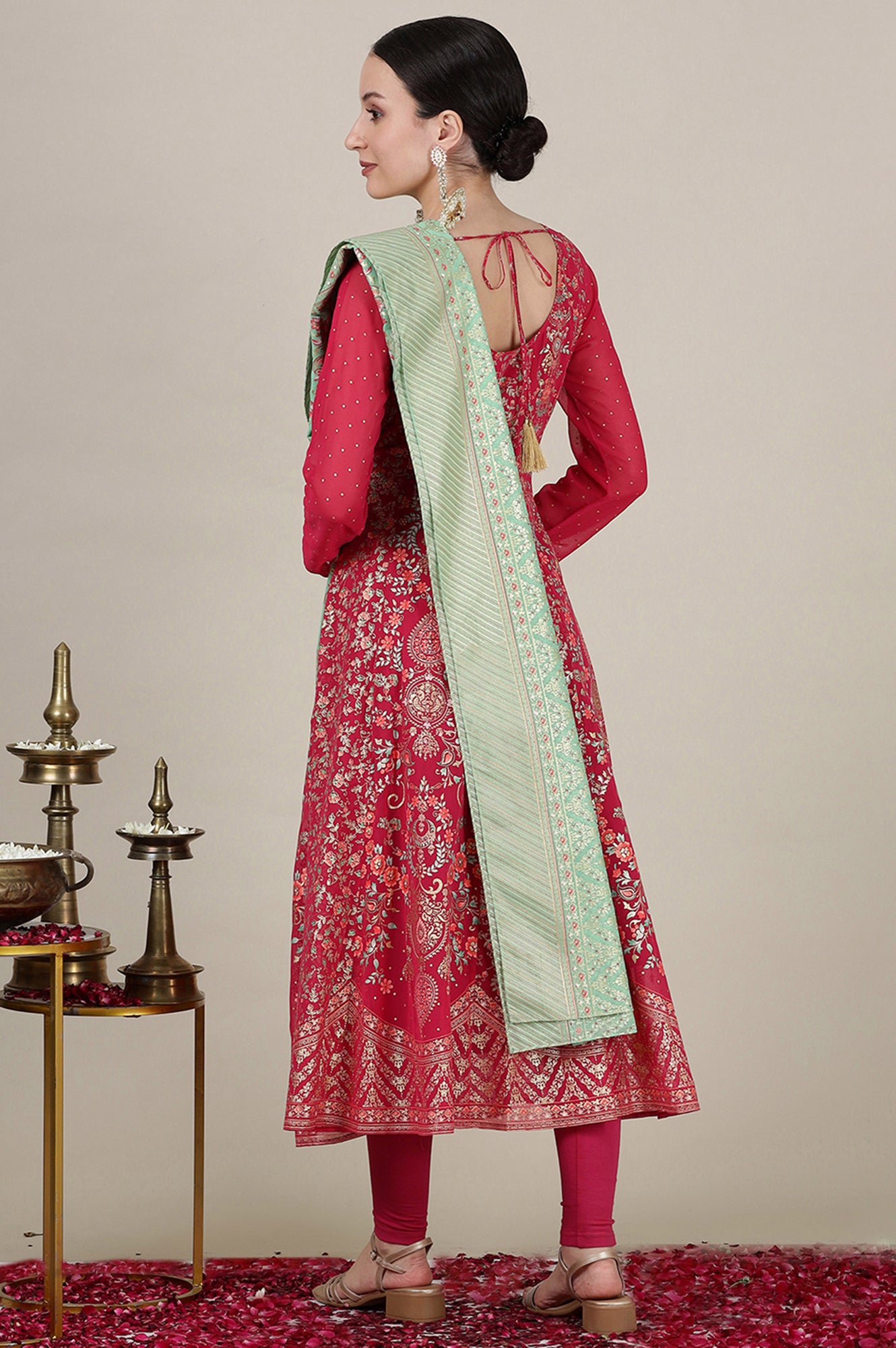 Pink Foil Floral Printed Sequined Kalidar Kurta, Tights and Dupatta Set