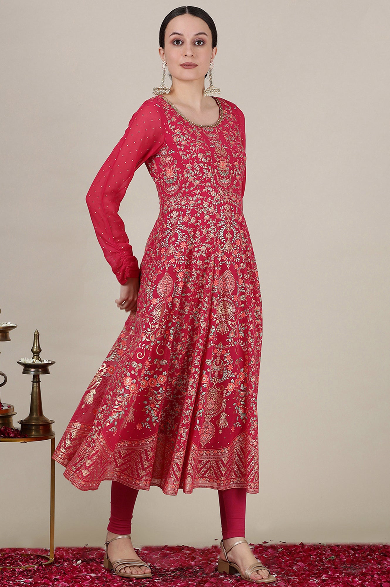 Pink Foil Floral Printed Sequined Kalidar Kurta, Tights and Dupatta Set