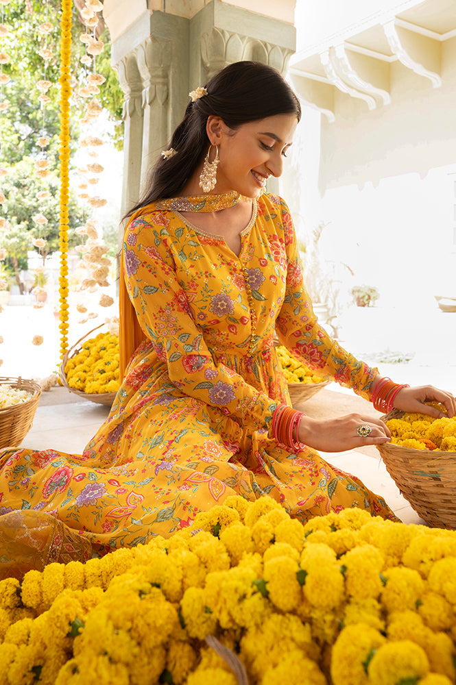 Yellow Floral Printed Naira-Cut Gathered Kurta, Pants and Dupatta Set