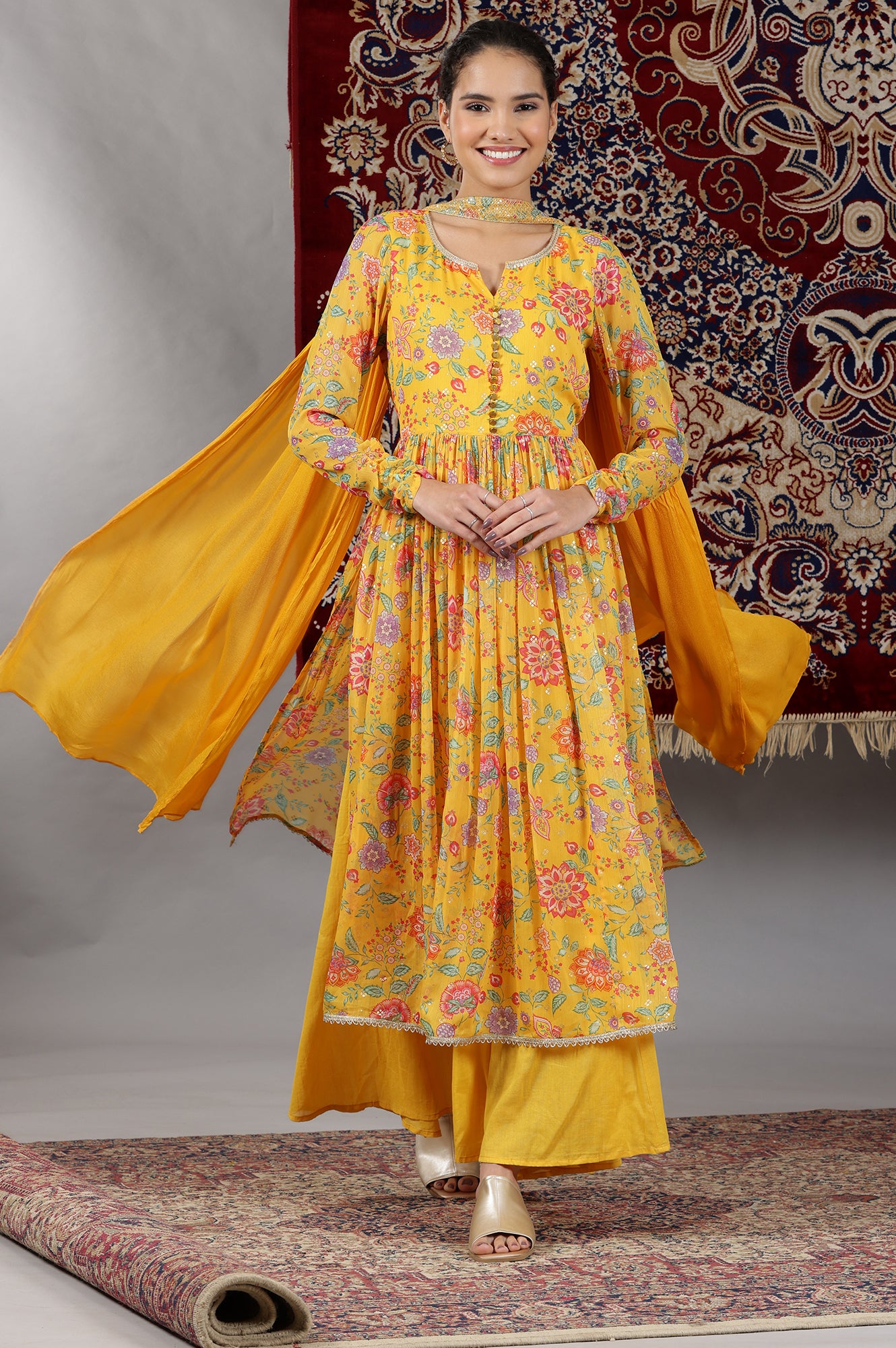 Yellow Floral Printed Naira-Cut Gathered Kurta, Pants and Dupatta Set