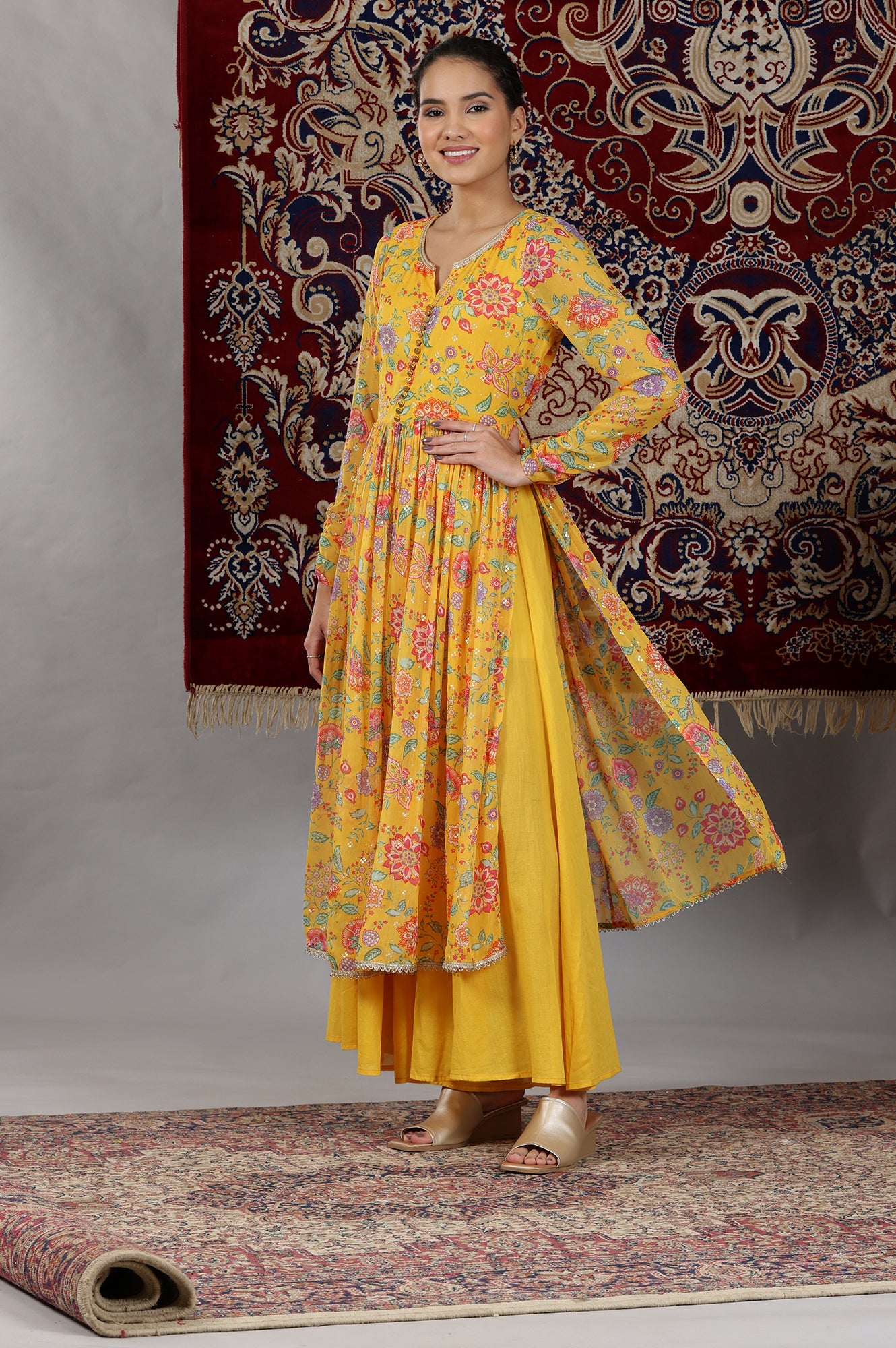 Yellow Floral Printed Naira-Cut Gathered Kurta, Pants and Dupatta Set