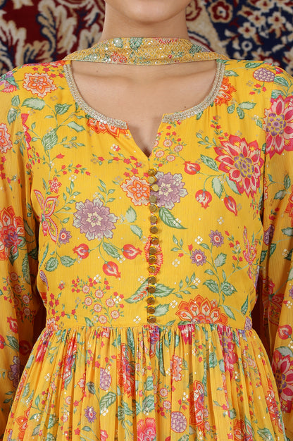 Yellow Floral Printed Naira-Cut Gathered Kurta, Pants and Dupatta Set