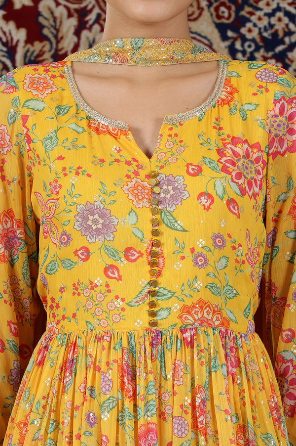 Yellow Floral Printed Naira-Cut Kurta, Pants and Dupatta Set