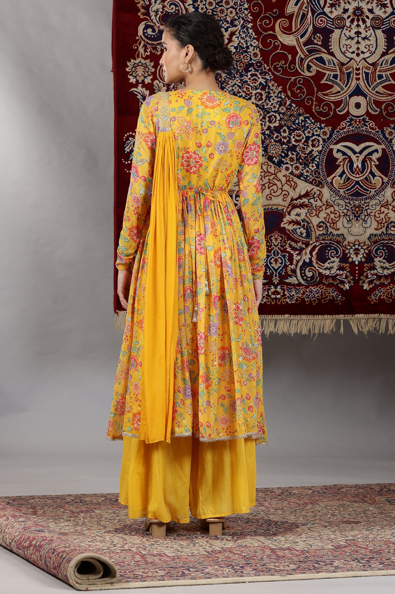 Yellow Floral Printed Naira-Cut Gathered Kurta, Pants and Dupatta Set