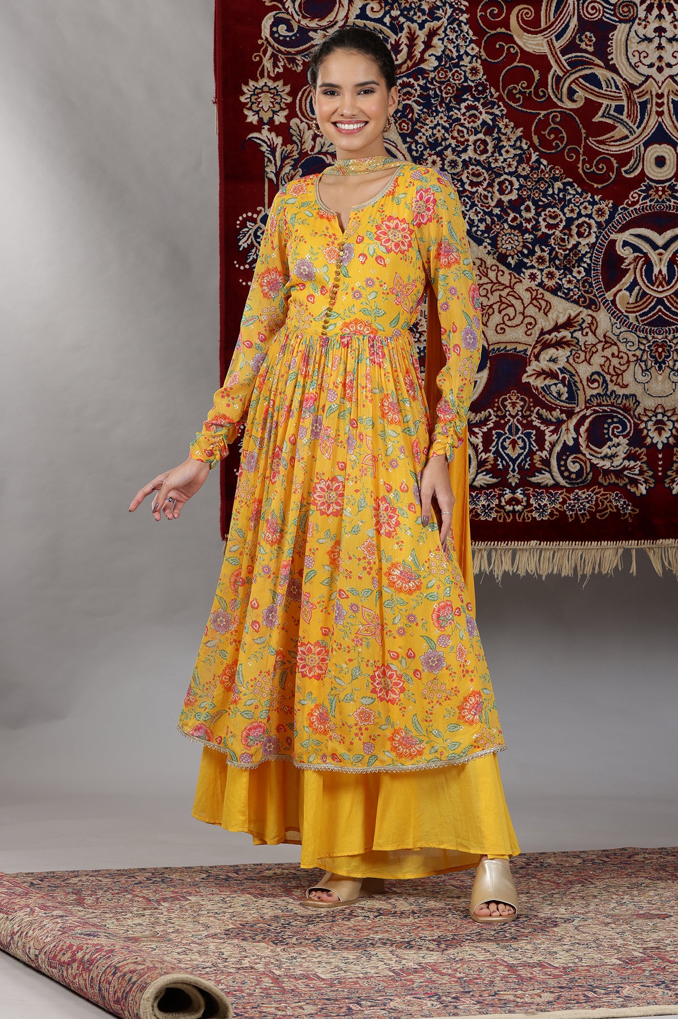 Yellow Floral Printed Naira-Cut Gathered Kurta, Pants and Dupatta Set