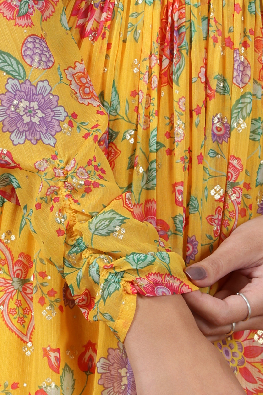 Yellow Floral Printed Naira-Cut Kurta, Pants and Dupatta Set
