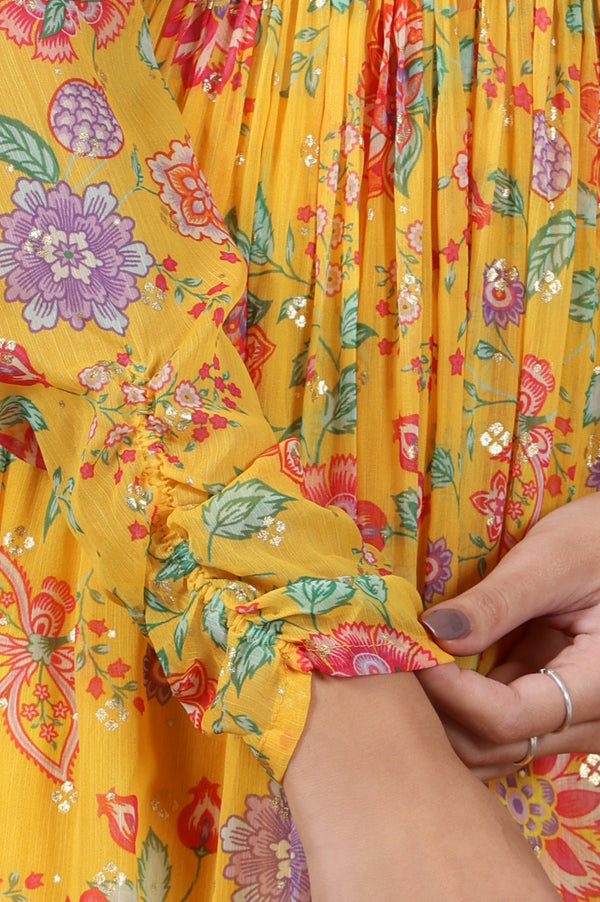 Yellow Floral Printed Naira-Cut Kurta, Pants and Dupatta Set