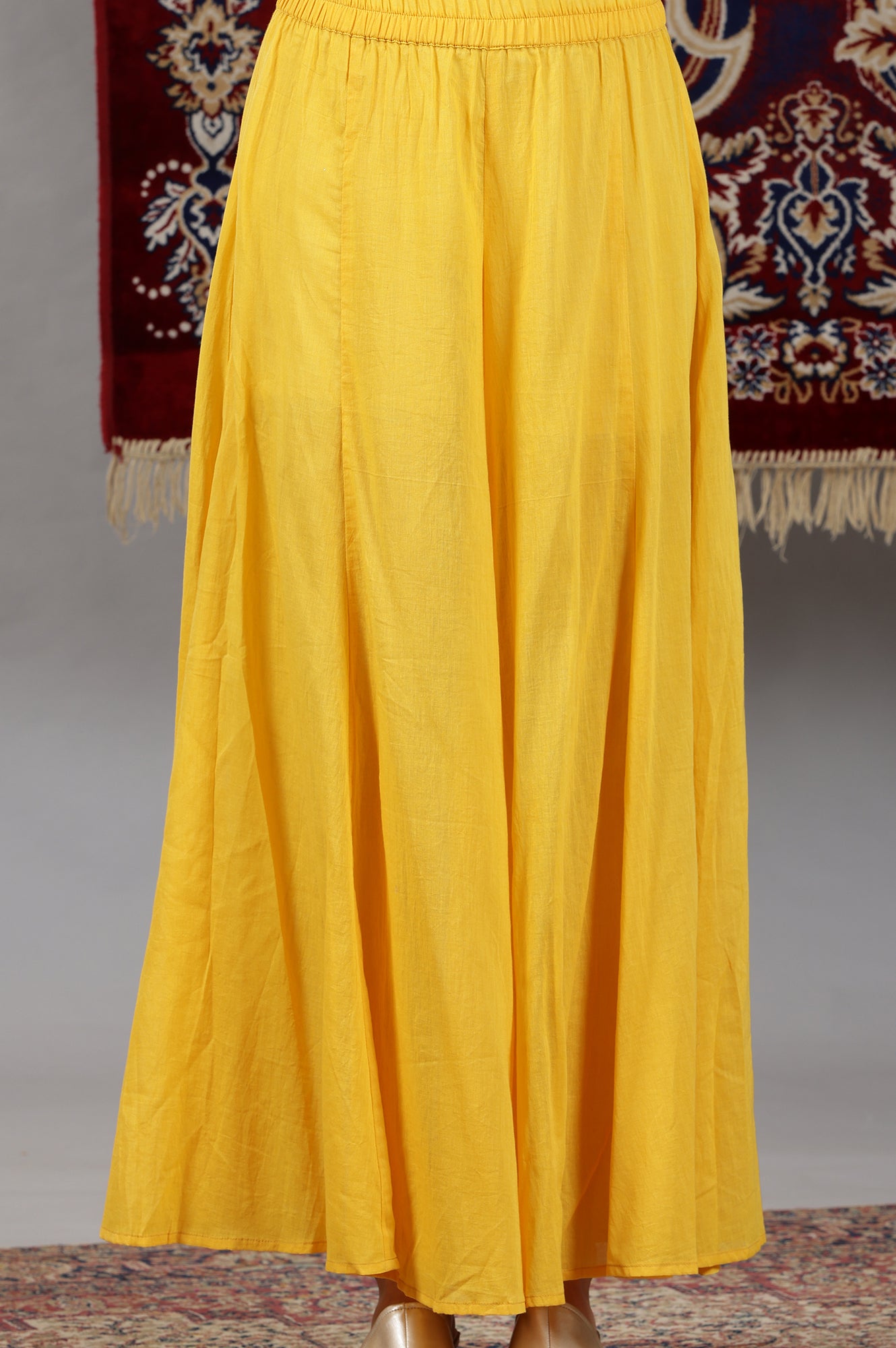 Yellow Floral Printed Naira-Cut Gathered Kurta, Pants and Dupatta Set