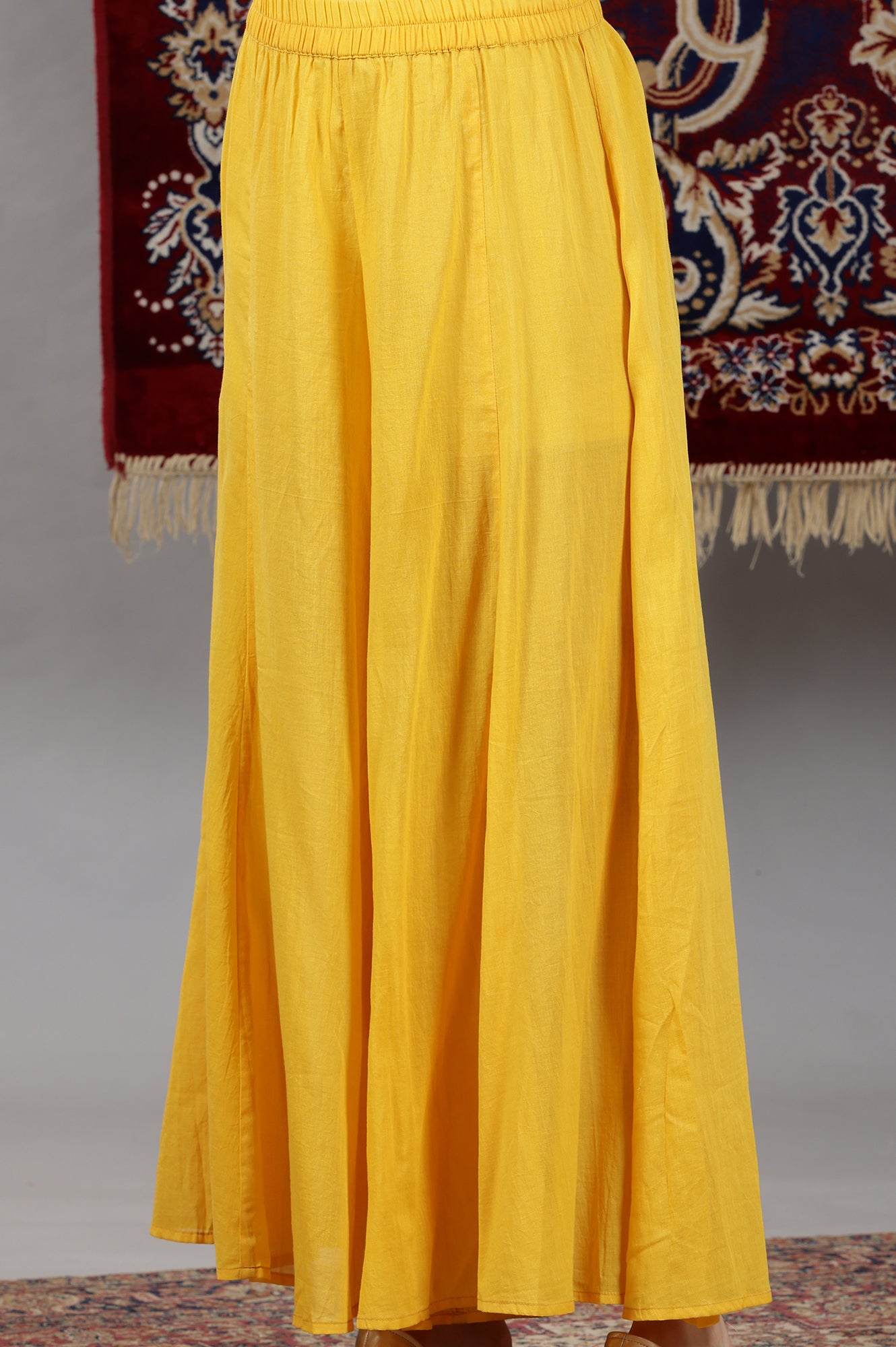 Yellow Floral Printed Naira-Cut Gathered Kurta, Pants and Dupatta Set