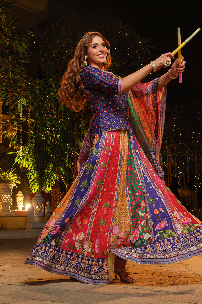 Purple Printed Embellished Top, Flared Skirta and Dupatta Set - XXL