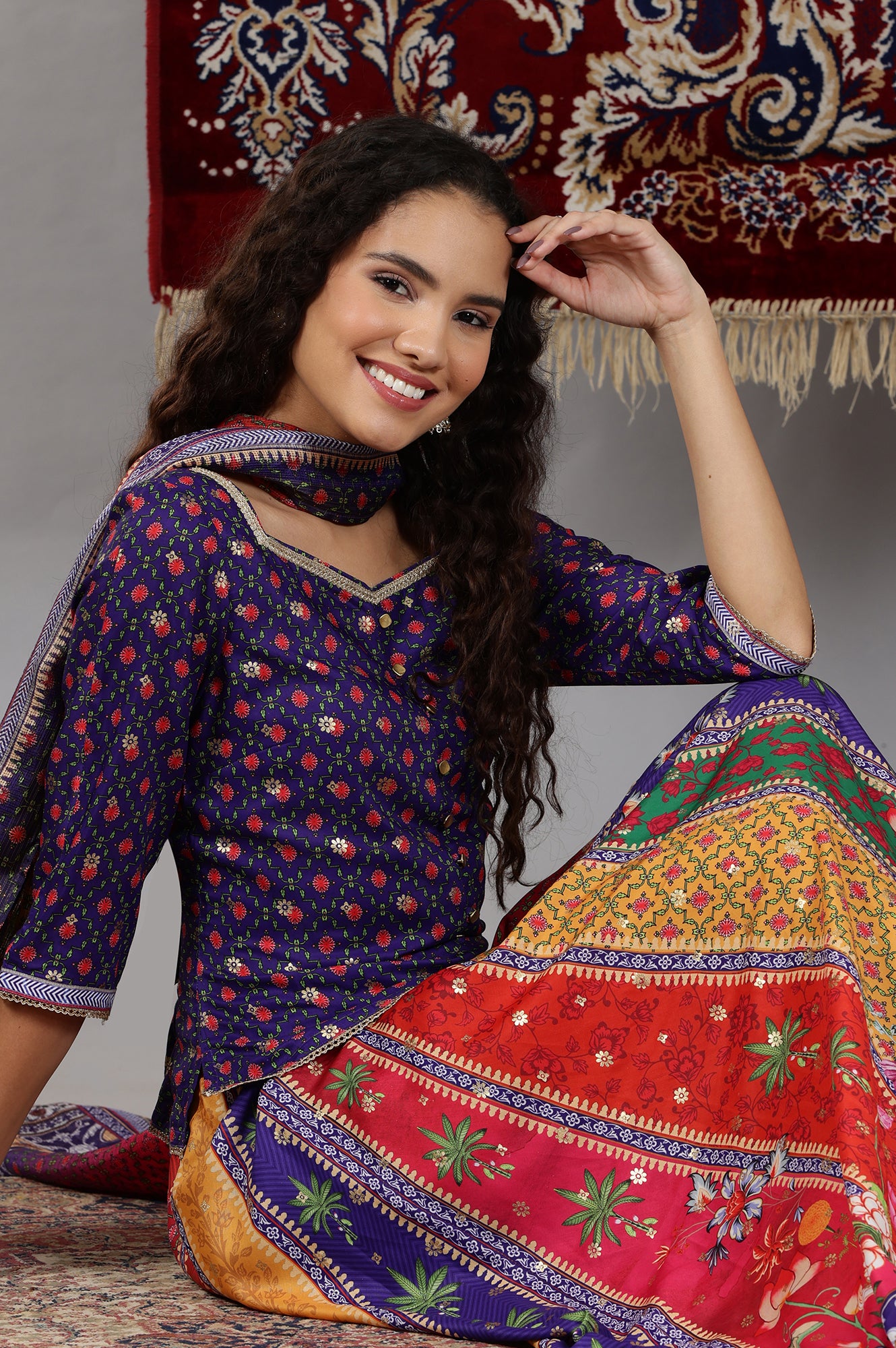 Purple Printed Embellished Top, Flared Skirta and Dupatta Set