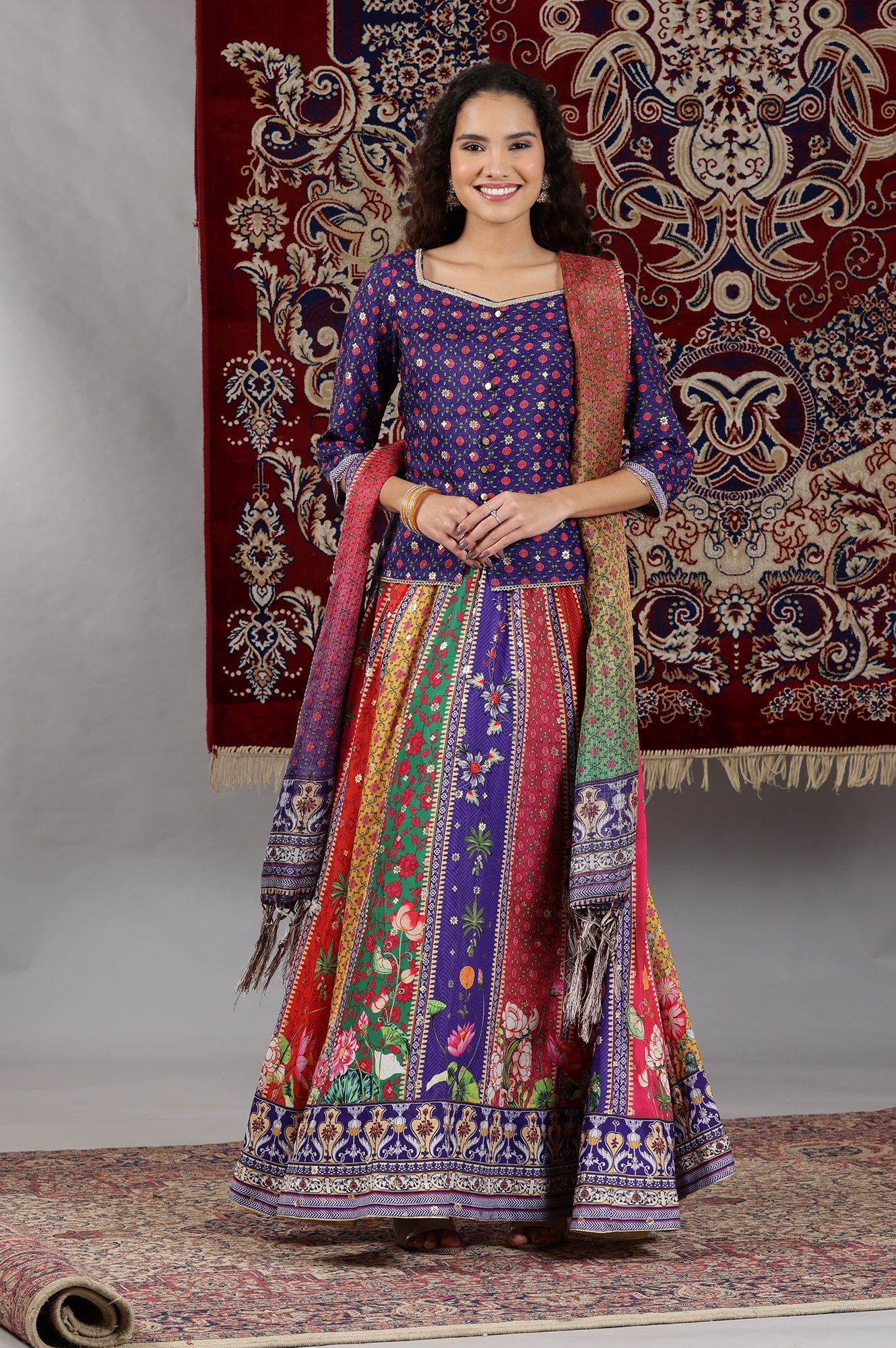 Purple Printed Embellished Top, Flared Skirta and Dupatta Set