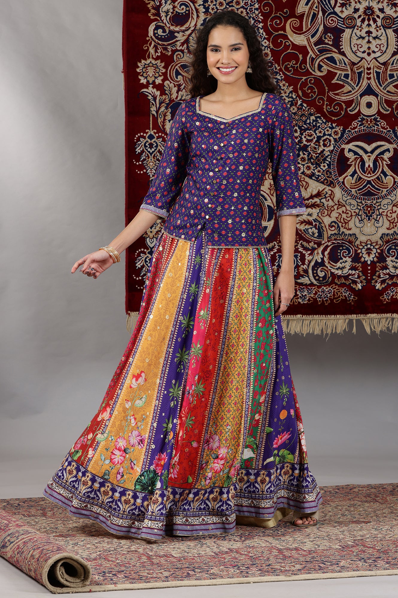 Purple Printed Embellished Top, Flared Skirta and Dupatta Set