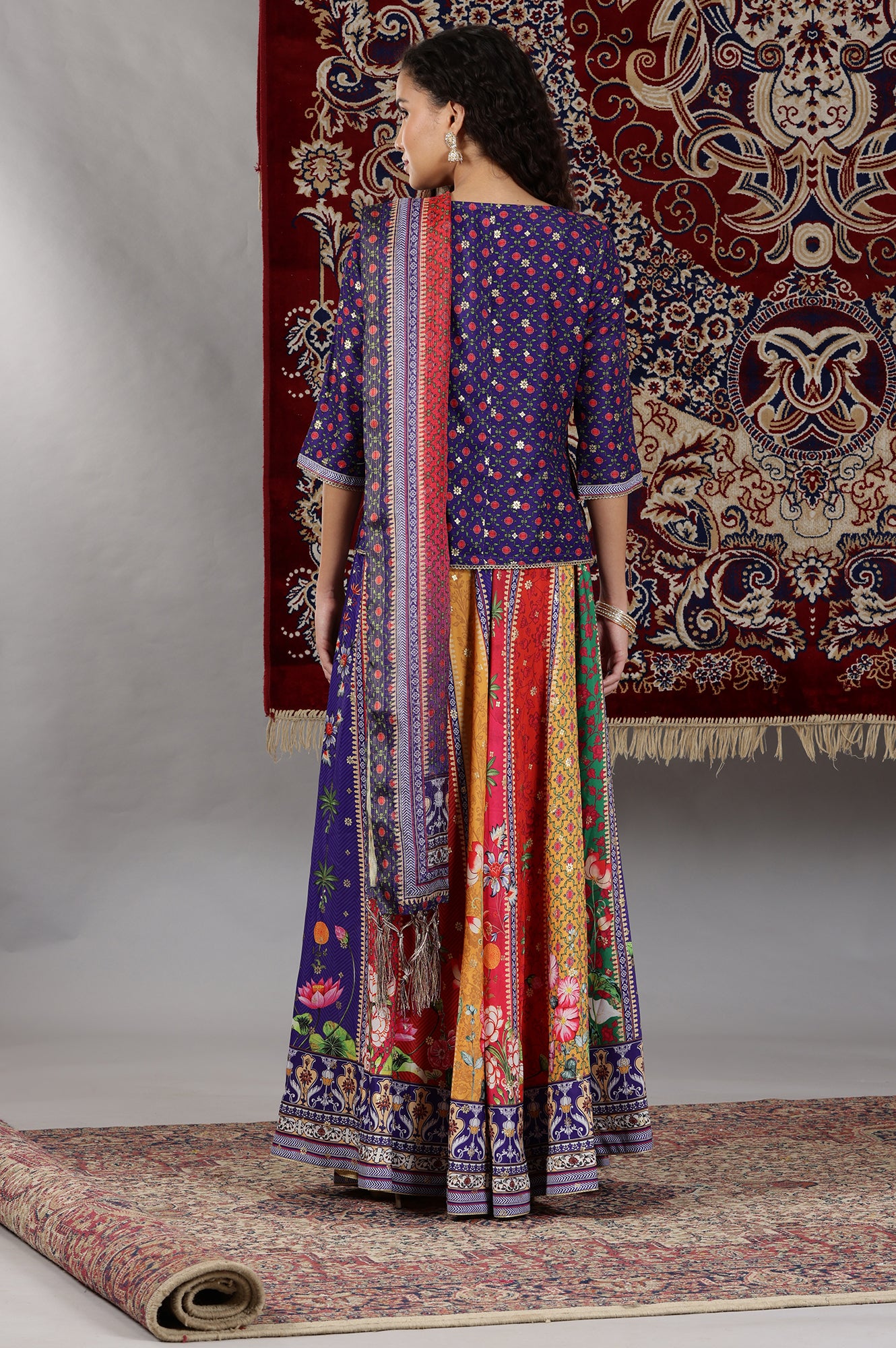 Purple Printed Embellished Top, Flared Skirta and Dupatta Set