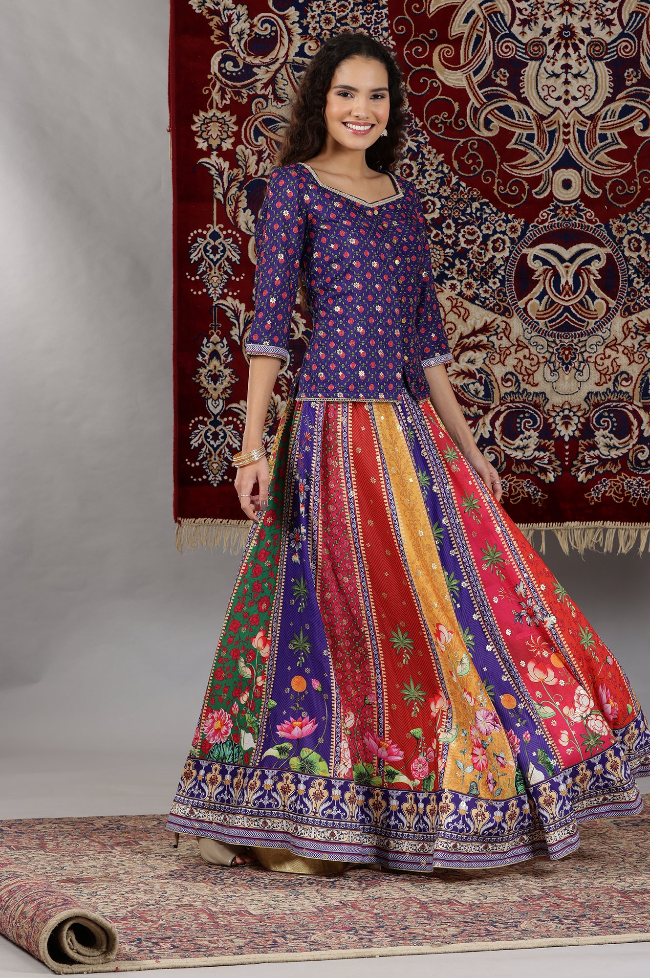 Purple Printed Embellished Top, Flared Skirta and Dupatta Set