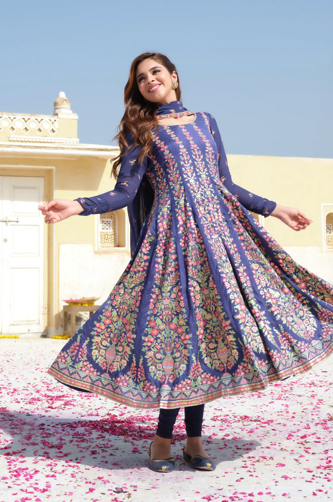 Blue Floral Printed Flared Kalidar Dress and Dupatta Set