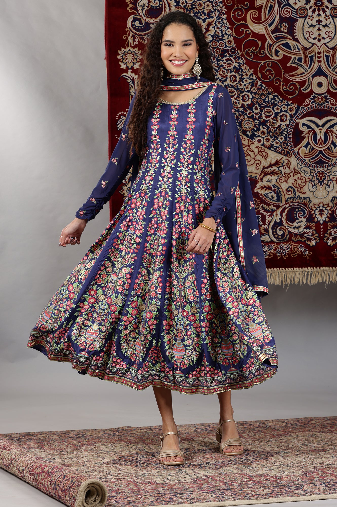 Blue Floral Printed Flared Kalidar Dress and Dupatta Set