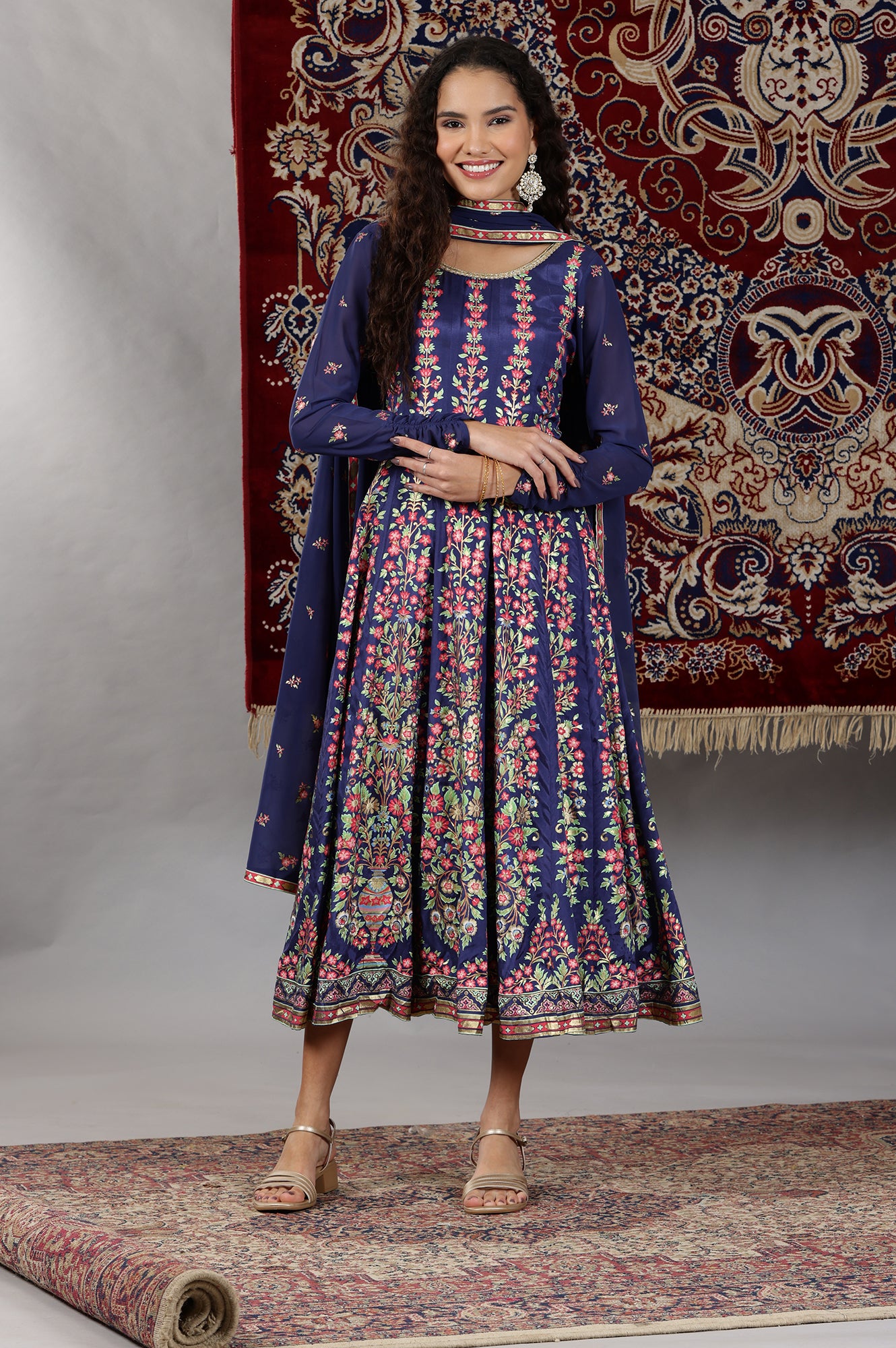 Blue Floral Printed Flared Kalidar Dress and Dupatta Set